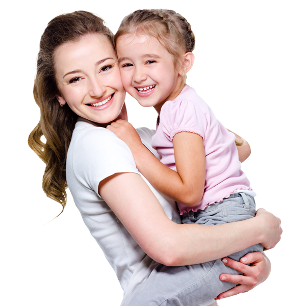 woman holding young daughter smiling